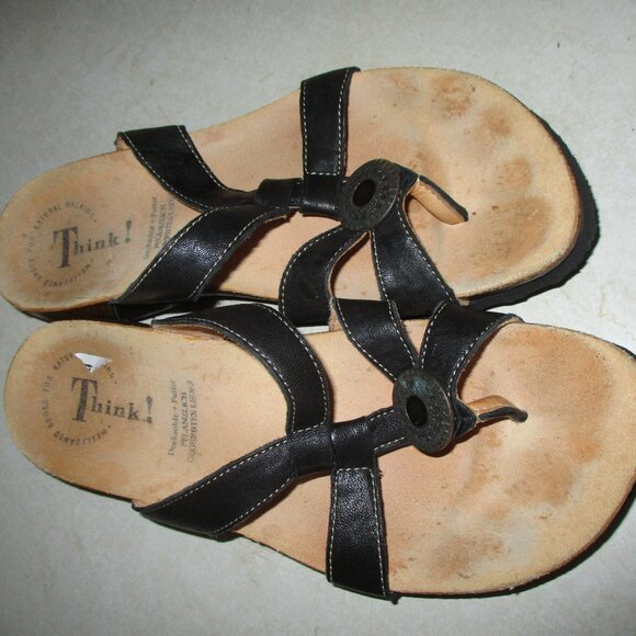 Think!  Women's Sandals Black Leather strap  Thong Sandals Womens 36 - Picture 2 of 6